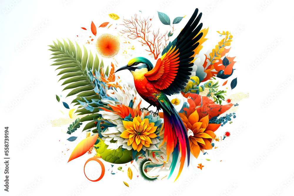 Fototapeta premium Arrangement of Tropical flowers and plants, with colorful birds, and coral, on an isolated White Background Generative AI