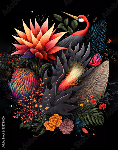 Arrangement of Tropical flowers and plants, with colorful birds, and coral, on an isolated Black Background
Generative AI