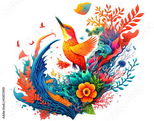 Arrangement of Tropical flowers and plants, with colorful birds, and coral, on an isolated White Background
Generative AI