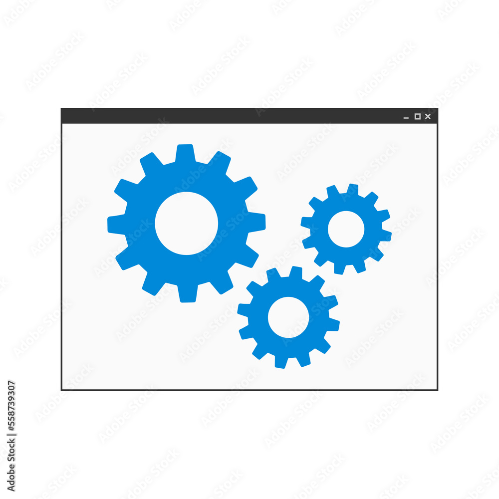 Mockup of computer program window with gears isolated on white background Mockup of computer program window with gears isolated on white background