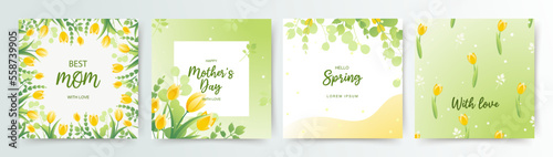 Spring floral square backgrounds with tulips and leaves. Happy Mother's Day greeting card.Editable vector illustration for card, banner, invitation, social media post, poster, mobile apps, advertising