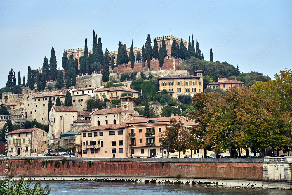 Adige river and hill with Saint Peter's Castle in Verona city