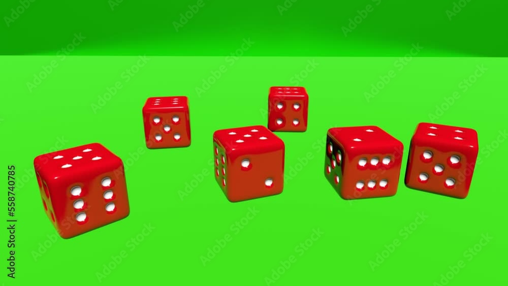 High-angled view of red dices falling and spinning against a green background, Casino, poker, gambling concept, 4k High-angled view of red dices falling and spinning against a green background, Casino, poker, gambling concept, 4k