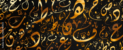 Creative gold background, Arabic Calligraphy golden Background Contain Random Arabic Letters Without specific meaning in English, 3d illustration.