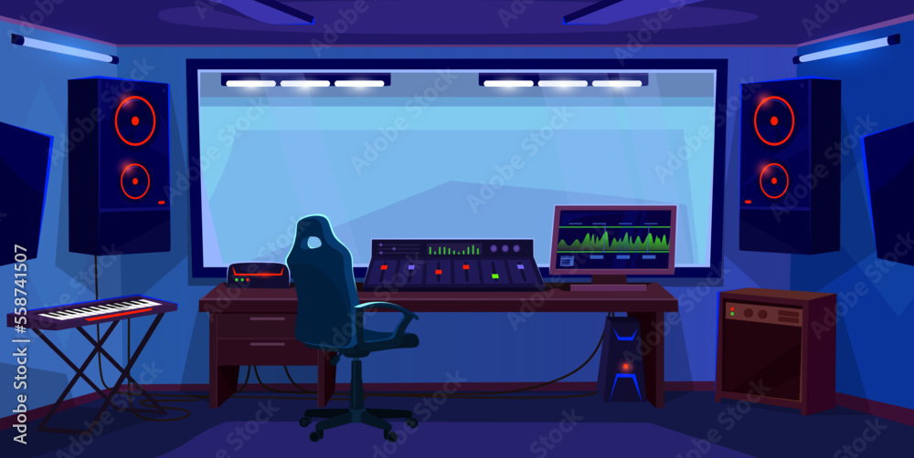 Music recording studio interior design. Empty radio room with audio  equipment ready for broadcast. Song production workplace for a DJ or  producer with a synthesizer. Cartoon style vector illustration. Stock ベクター