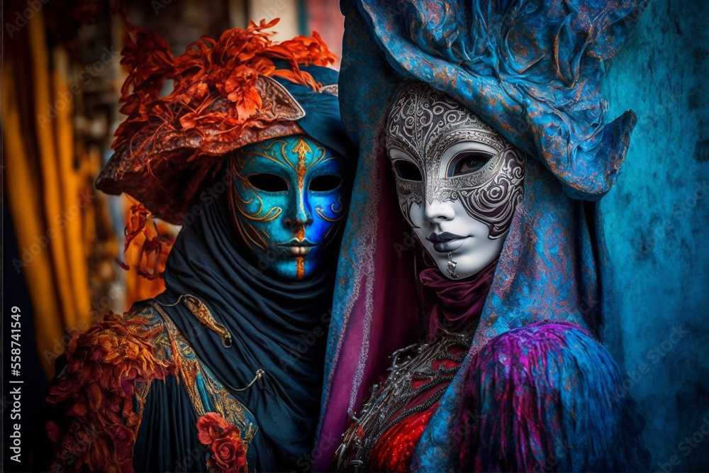 Generative Ai of people wearing masks at the Venice Carnival.  - obrazy, fototapety, plakaty 