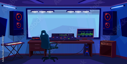 Music recording studio interior design. Empty radio room with audio equipment ready for broadcast. Song production workplace for a DJ or producer with a synthesizer. Cartoon style vector illustration.