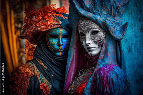 Valokuva Generative Ai of people wearing masks at the Venice Carnival.