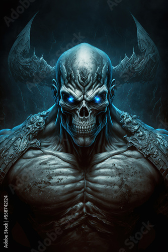 monster with huge muscles, horror, skull, character, comics, art illustration