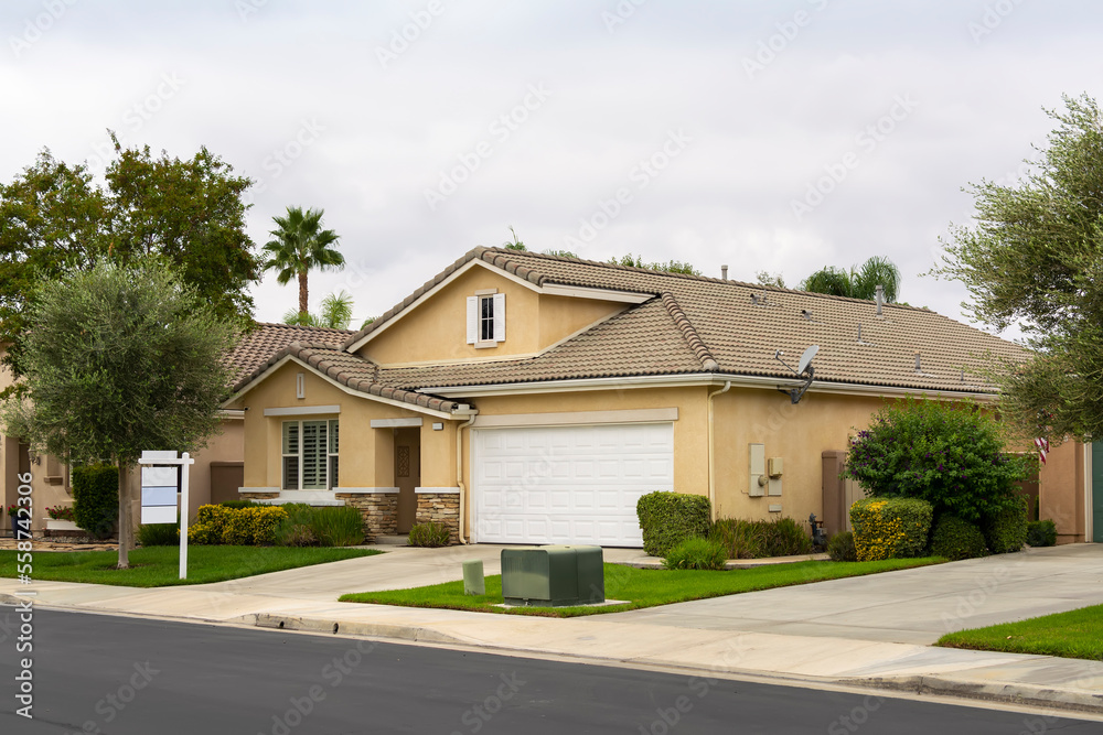 Suburban single family residence exterior view, oasis community, Menifee, California, USA
