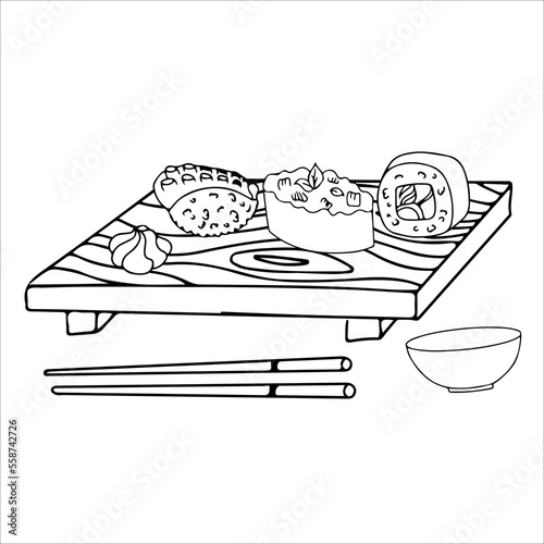 Sushi. Cartoon isolated plate with chopsticks and rolls with rice, salmon for food with soy sauce, wasabi and ginger at sushi bar or Japanese. Restaurant of Asian cuisine. Vector weekend isolated