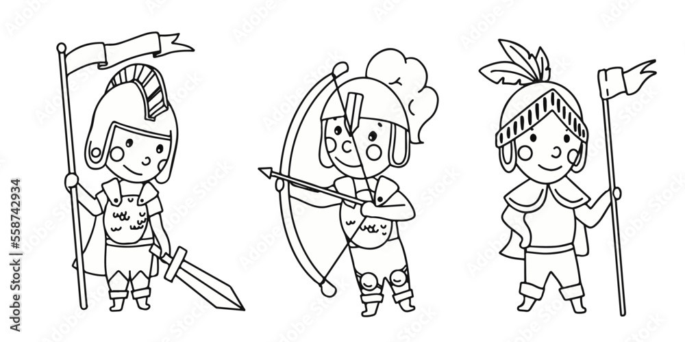 The little knight. Middle Ages. Coloring book Metal armor. Knight tournaments. Children in fairy costumes, isolated vector illustration.