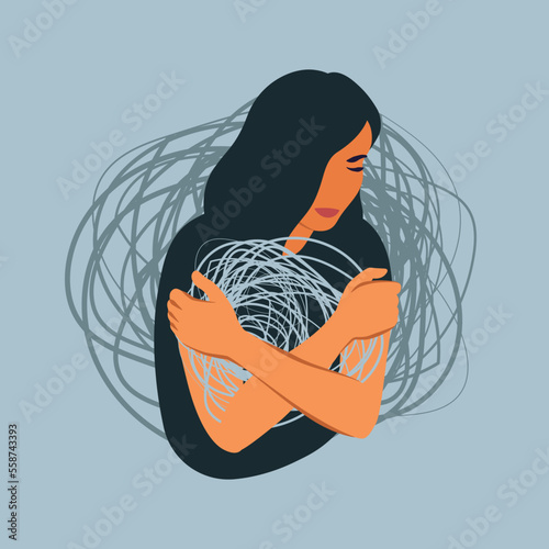 Mental disorder concept. Depression woman. Stress, despair, anxiety disorder, fatigue. Psychotherapy concept. Vector illustration.