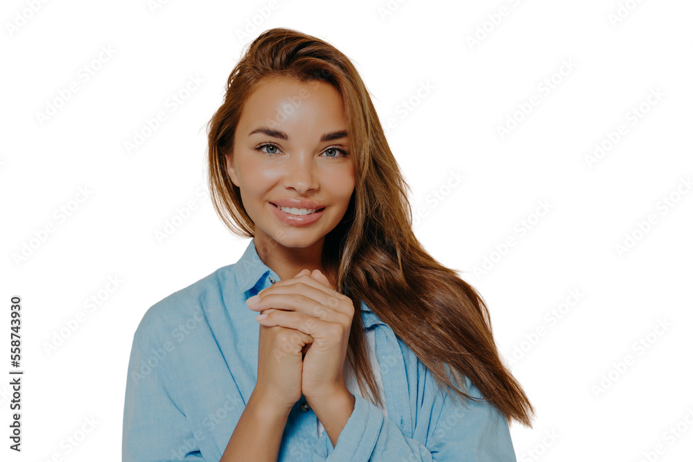 Pretty smiling joyful female with long brown stright hair Pretty smiling joyful female with long brown stright hair