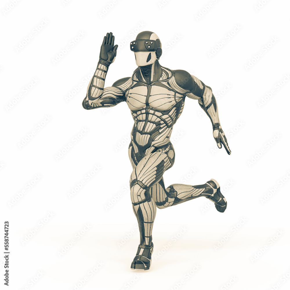 super hero in a exosuit is running in action super hero in a exosuit is running in action