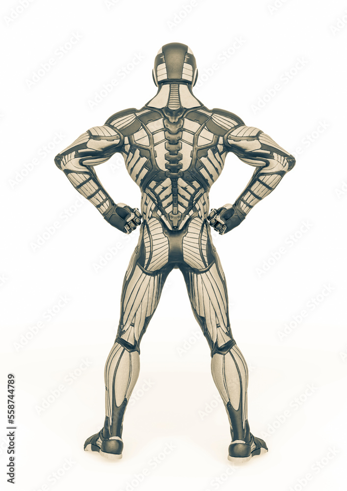 super hero in an exosuit is doing a power pose rear view super hero in an exosuit is doing a power pose rear view