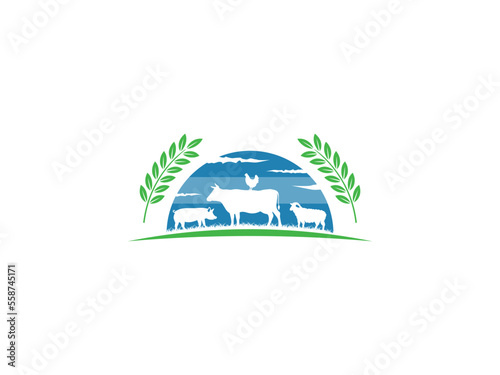 Organic farm with domestic animals vector icon in green and blue tones