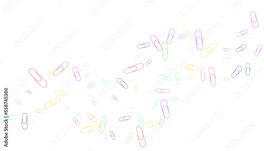 Paper clips are scattered on a white background. Decorative element. Background for design, school and office supplies Paper clips are scattered on a white background. Decorative element. Background for design, school and office supplies