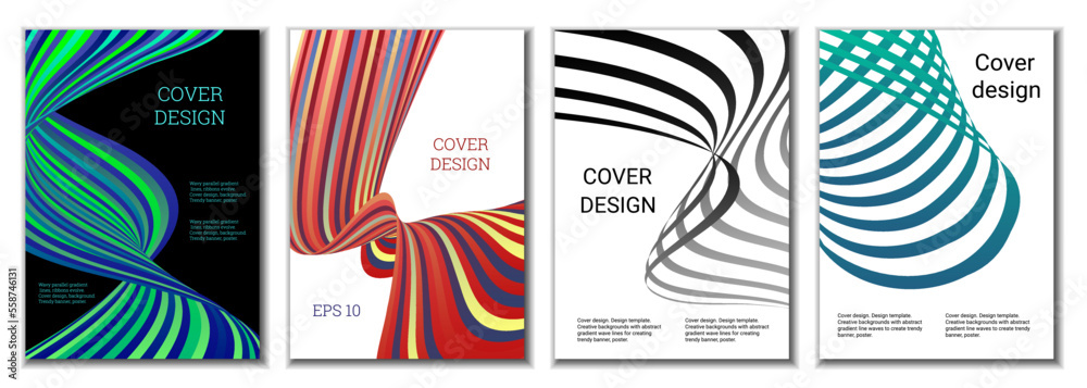 A set of 4 abstract covers. Wavy parallel gradient lines, ribbons evolve. Cover design, background. Trendy banner, poster. A set of 4 abstract covers. Wavy parallel gradient lines, ribbons evolve. Cover design, background. Trendy banner, poster.