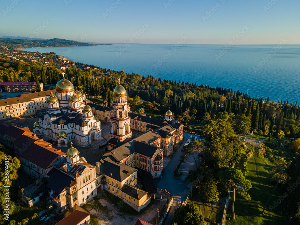 Top view of orthodox monastery in novy afon, abkhazia. christian temple in new athos. photo from above.