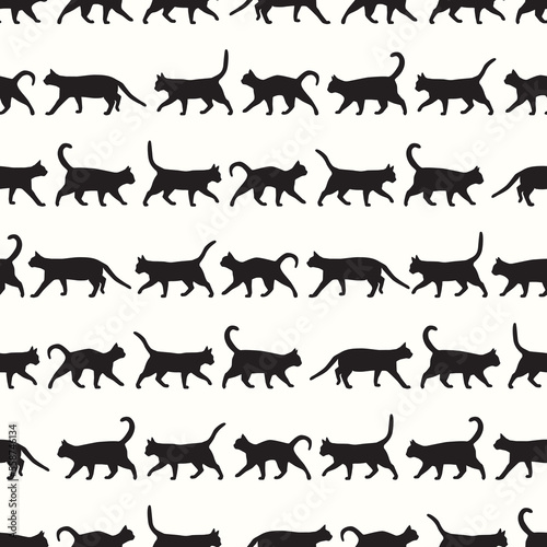 Horizontal stripes of walking black cats, vector seamless repeat pattern