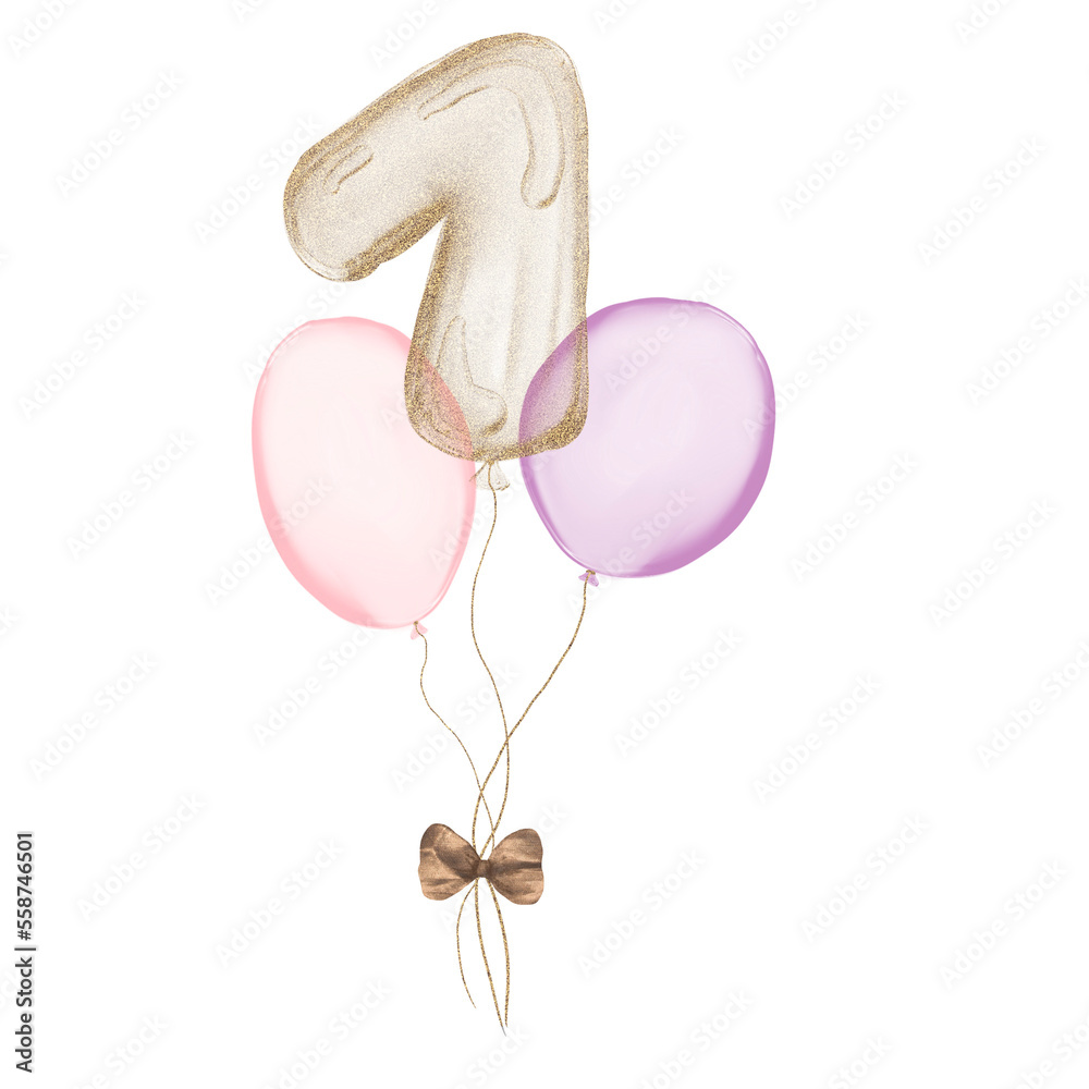 1 gold Birthday ballon with pink baloons. Number one glitter gold metallic balloon number with two purple balloons on transparent background. Design for sublimation designs, cards, invitations.