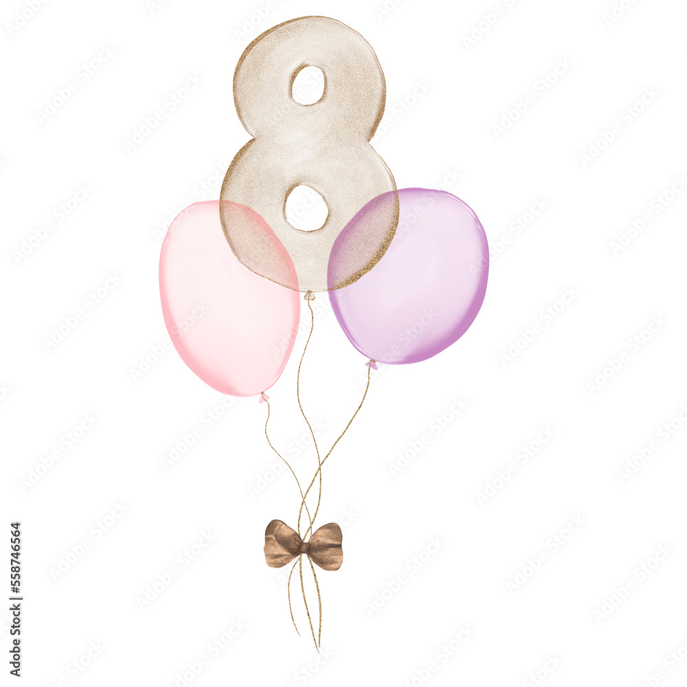 Fototapeta premium 8 gold Birthday ballon with pink baloons. Number eight glitter gold metallic balloon number with two purple balloons on transparent background. Design for sublimation designs, cards, invitations.