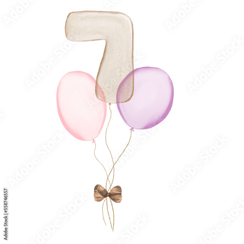 7 gold Birthday ballon with pink baloons. Number seven glitter gold metallic balloon number with two purple balloons on transparent background. Design for sublimation designs, cards, invitations.
