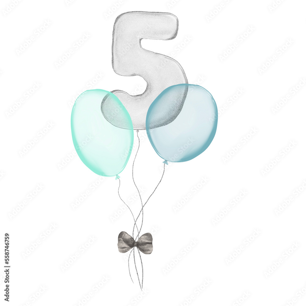 5 silver Birthday ballon with blue baloons. Number five glitter silver metallic balloon number with two blue balloons on transparent background. Design for sublimation designs, cards, invitations.