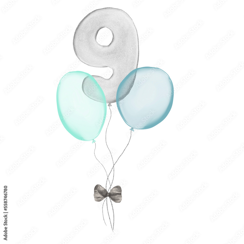 9 silver Birthday ballon with blue baloons. Number nine glitter silver metallic balloon number with two blue balloons on transparent background. Design for sublimation designs, cards, invitations.