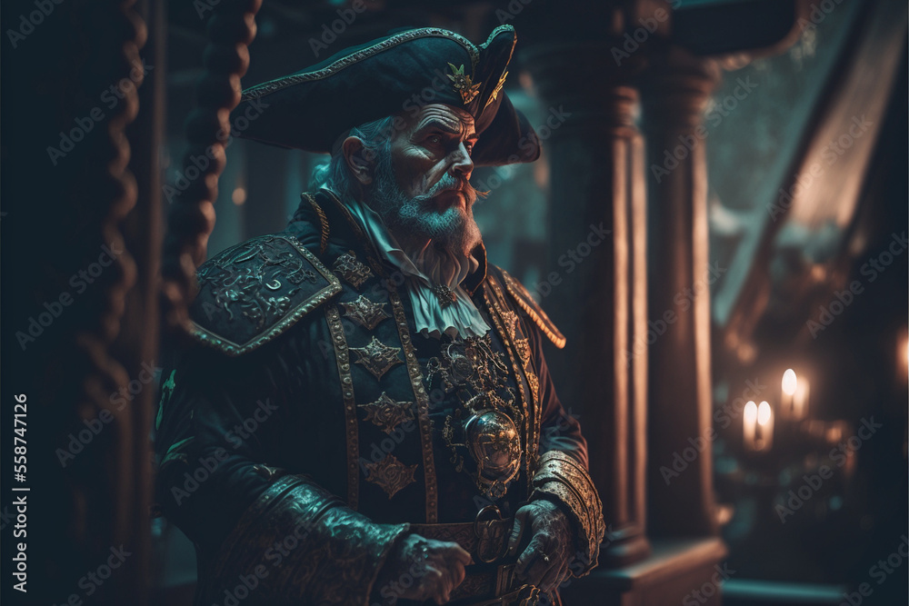 illustration of an old pirate on board a ship, a portrait of a captain, a sea wolf, bokeh background, art, illustration of an old pirate on board a ship, a portrait of a captain, a sea wolf, bokeh background, art,