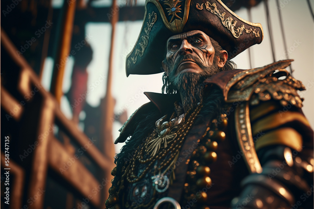 Obraz premium Illustration of an old pirate on board a ship. Portrait of a captain. Sea wolf, bokeh background, generated ai