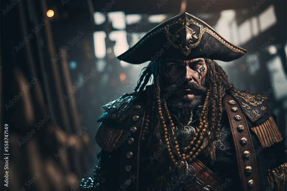 portrait of an old pirate captain on board a ship, sea wolf, corsair raiders, bokeh background, art, Generated AI, illustration portrait of an old pirate captain on board a ship, sea wolf, corsair raiders, bokeh background, art, Generated AI, illustration