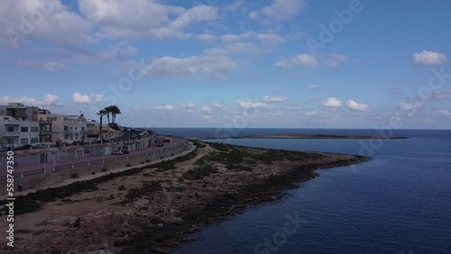 Mediterranean coastline, Malta island, Qawra. Aerial view, midday. High quality FullHD footage photo
