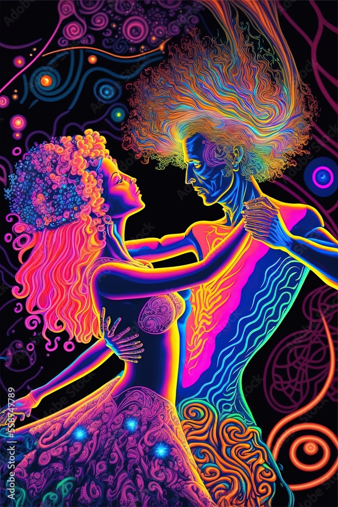 Hippies couple dancing in neon colors. Dancing people on the hippie party. People use LSD and magic mushroom. Generative ai illustration
