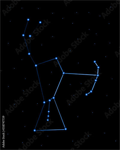 Vector isolated illustration of Orion constellation with neon effect.