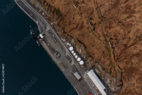 Aerial view of a road near the port along Dutch Harbour bay Amaknak Island, Unalaska, Alaska, United States. photo