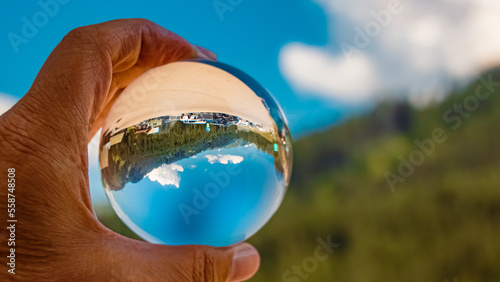 Crystal ball alpine summer landscape shot at the famous Ifen summit, Kleinwalsertal valley, Riezlern, Vorarlberg, Austria