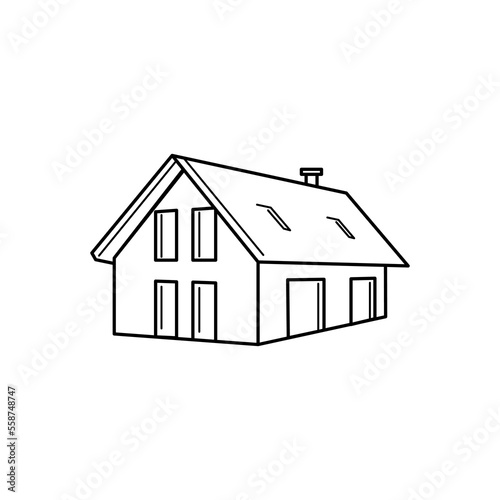 Family House icon. Simple isolated modern European building, flat vector sign, black and white line art drawing on a white background.