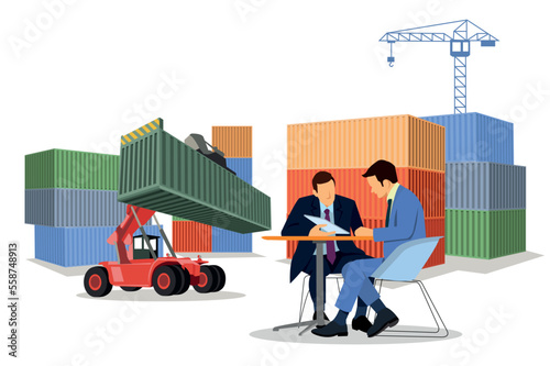 Logistics and shipping of container truck at ship port for business Container Cargo ship and cargo plane with crane bridge working at shipyard at sunrise, logistics import export and shipping