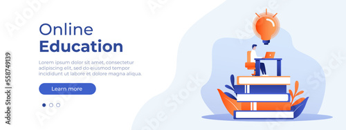 Online education concept. Vector layout for website page. Illustration in flat style with people studying remotely. Students learning online at home. Vector illustration EPS 10