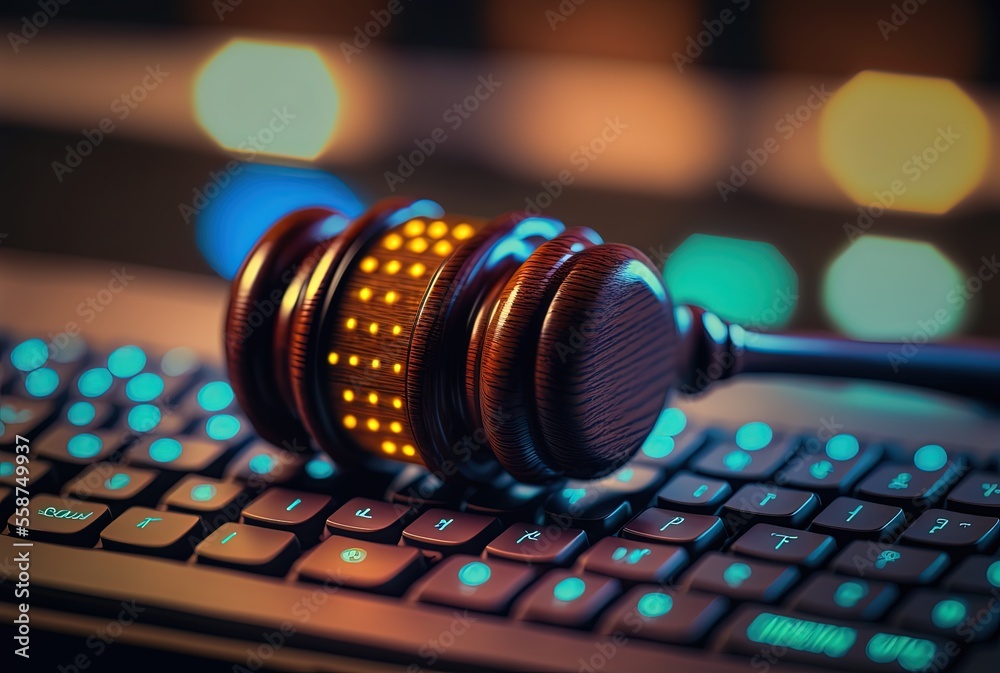 illustration of a wooden gavel close-up with keyboard  background idea for online business dispute concept