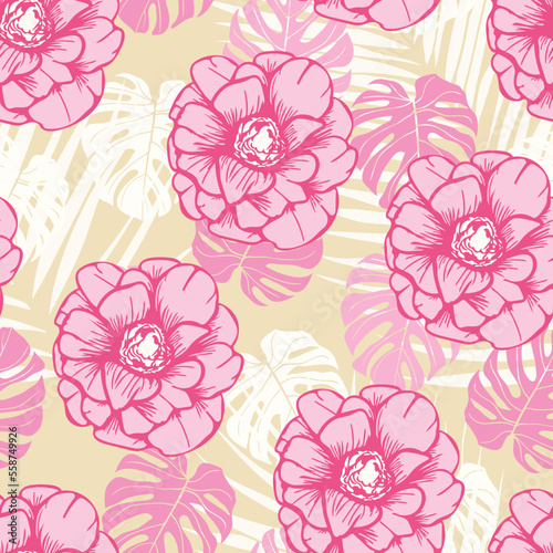 Modern tropical rose flowers seamless pattern design. Seamless pattern with spring flowers and leaves. Hand drawn background. floral pattern for wallpaper or fabric. Botanic Tile.