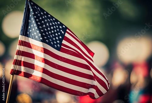 illustration of Us national flag with blur city, town, street background