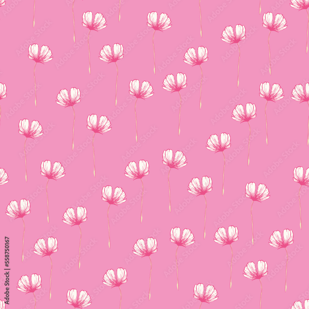Modern tropical flowers seamless pattern design. Seamless pattern with spring flowers and leaves. Hand-drawn background. floral pattern for wallpaper or fabric. Botanic Tile.