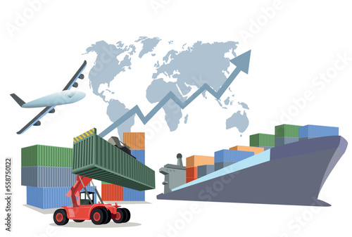 Logistics and shipping of container truck at ship port for business Container Cargo ship and cargo plane with crane bridge working at shipyard at sunrise, logistics import export and shipping