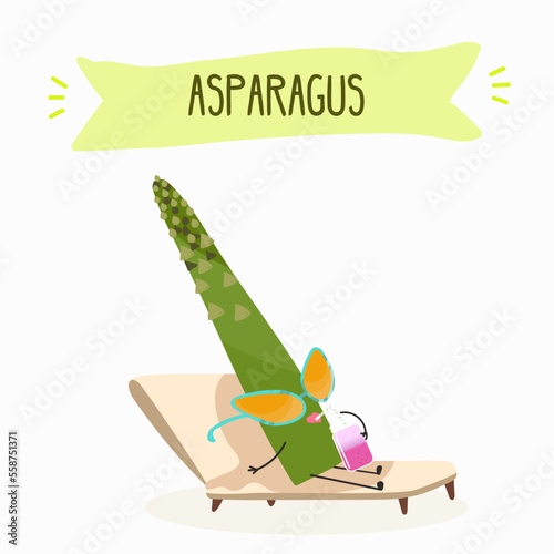 Illustration with funny asparagus characters. Funny and healthy food. Vitamins, cute face food, ingredients, vegetarianism, vector cartoon, antioxidant.
