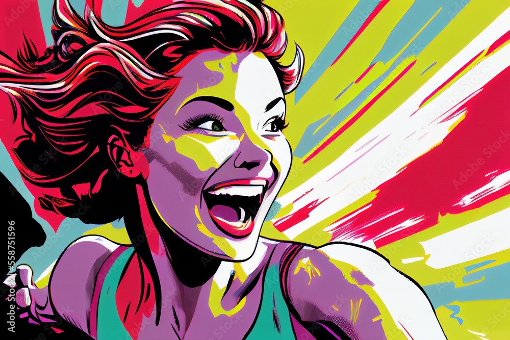 illustration of very active woman running with a big smile, generative ai
