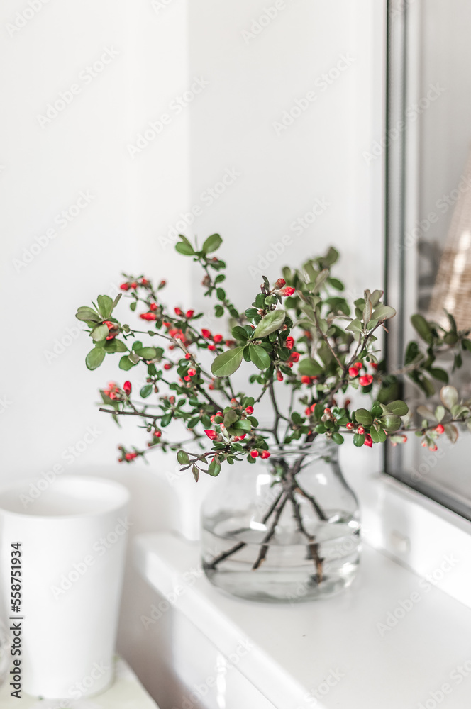 Branches of quince with little rose flowers in a vase