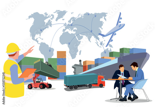 Logistics and shipping of container truck at ship port for business Container Cargo ship and cargo plane with crane bridge working at shipyard at sunrise, logistics import export and shipping